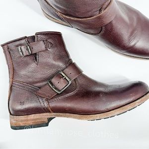 FRYE Tyler Engineer Short Buckle Leather Boots in Dark Cognac Brown